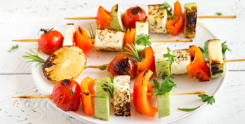 Grilled Halloumi And Vegetable Skewers With Lemon Herb Quinoa