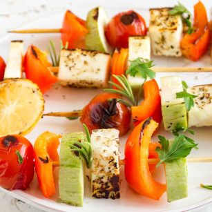 Grilled Halloumi And Vegetable Skewers With Lemon Herb Quinoa