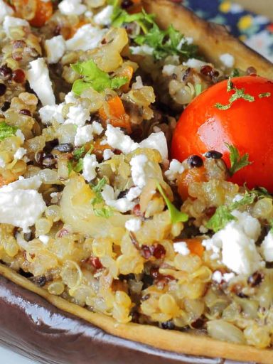 Mediterranean Stuffed Eggplant With Feta And Pine Nuts